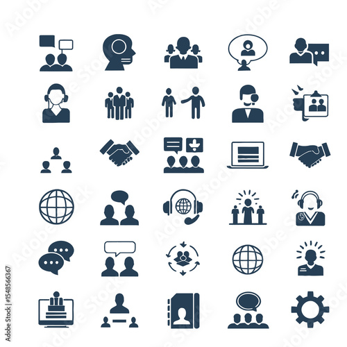 Communication and interaction icons: A collection of versatile communication icons, ideal for representing various aspects of teamwork, human interaction, and global networking.