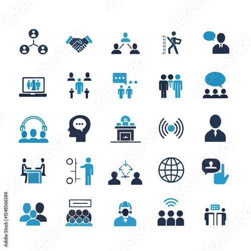 Iconic Communication and Collaboration: A collection of diverse icons symbolizing communication, teamwork, and business interactions, suitable for presentations, websites, and marketing materials.