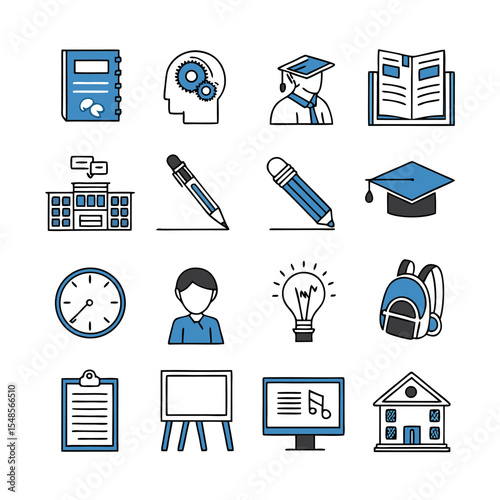 Education Elements Icons: A collection of illustrated education-related icons in a clean, minimalist style, perfect for educational materials. Capturing the essence of learning, knowledge.