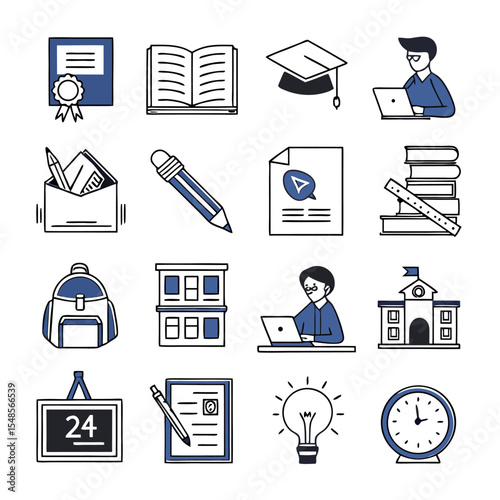 Academic Icons: A collection of meticulously crafted academic icons in a unique style, encompassing all facets of education, from diplomas to laptops.