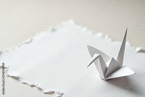 
A pristine white origami paper crane sits on a torn piece of white paper, symbolizing peace, hope, and fragility