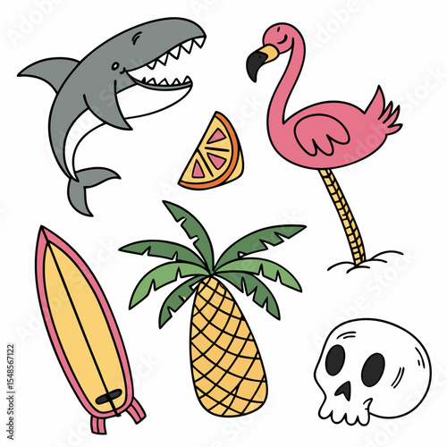 Tropical summer vector illustration set. shark, flamingo, skull, pineapple, surfboards, palm tree and more 
