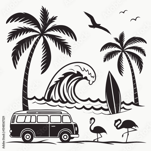 Tropical beach and surf-themed vector set with palm trees, waves, surfboards, a van, flamingos, and ocean elements in a bold black silhouette style. Perfect for t-shirt designs, and branding