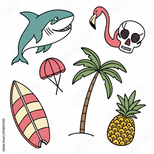 Tropical summer vector illustration set. shark, flamingo, skull, pineapple, surfboards, palm tree and more 