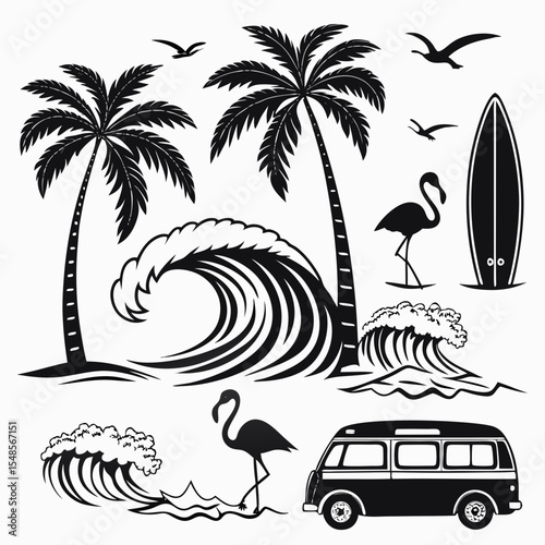Tropical beach and surf-themed vector set with palm trees, waves, surfboards, a van, flamingos, and ocean elements in a bold black silhouette style. Perfect for t-shirt designs, and branding
