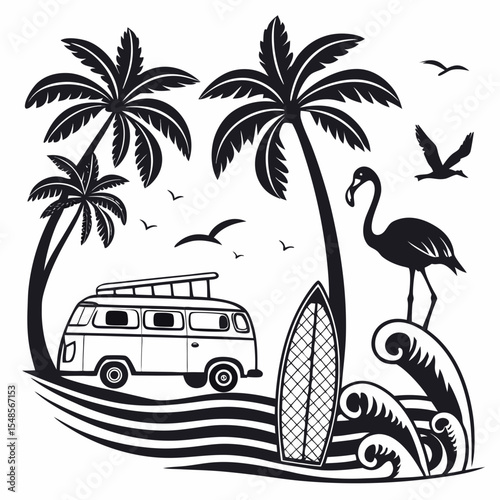 Tropical beach and surf-themed vector set with palm trees, waves, surfboards, a van, flamingos, and ocean elements in a bold black silhouette style. Perfect for t-shirt designs, and branding