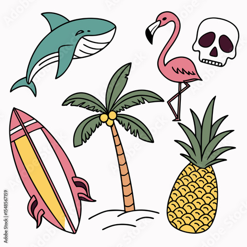 Tropical summer vector illustration set. shark, flamingo, skull, pineapple, surfboards, palm tree and more 