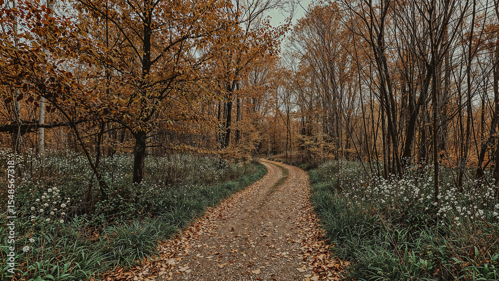 Obraz premium Serene autumn forest path adorned with wildflowers