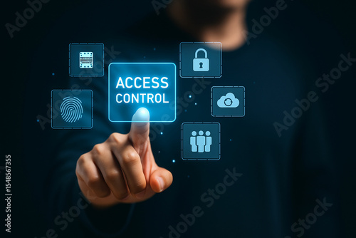 Futuristic access control interface with person touching digital hologram icons for secure login identity management biometric authentication and data protection concept unique design Pro