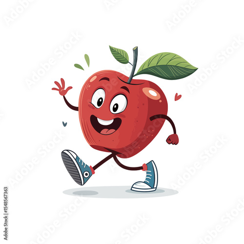 Happy Apple Cartoon: A cheerful apple with a big smile and playful eyes is joyfully walking in a dynamic pose, inviting viewers with its energetic vibe, highlighting a fun, fruit-focused concept.