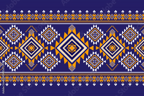 A striking ethnic tribal geometric pattern inspired by Southeast Asian hill tribe textiles. This vibrant design features bold diamond shapes in orange, white, and navy blue over subtle horizontal line