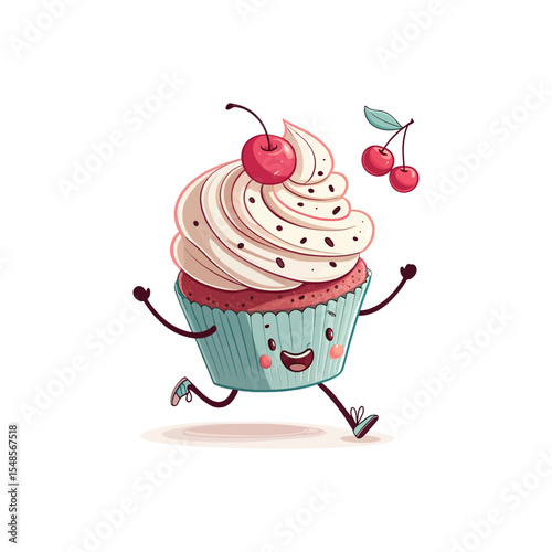 Happy Running Cupcake: A cheerful cupcake with vanilla frosting and cherries runs happily, embodying joy and sweetness.