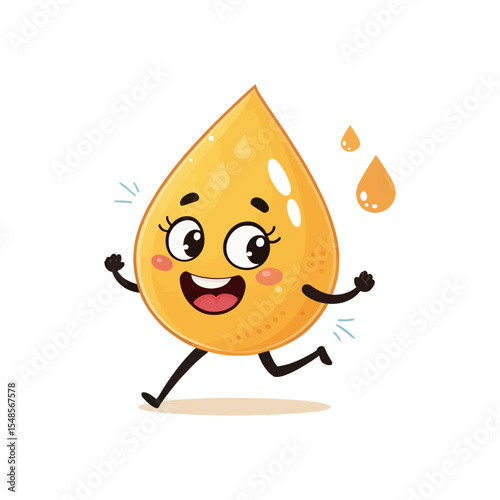 Energetic Drop: An adorable, anthropomorphic drop of golden liquid joyfully runs with a cheerful smile, animated in a playful and delightful manner, ready to spread happiness and represent vitality.