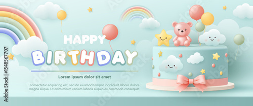 3D Happy birthday cake for baby and kids party. Birthday greeting card banner template with cute cake and rainbow on pastel background for birthday anniversary, invitation card.