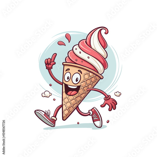 Whimsical Ice Cream Delight: A cheerful ice cream cone character, filled with delightful pink and white swirls, springs forward with a cheerful disposition and animated body, ready to bring happiness.