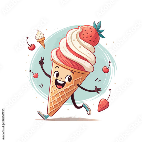 Playful Ice Cream: A cheerful anthropomorphic ice cream cone with a vibrant swirl of strawberry and vanilla ice cream joyfully runs across a clean, refreshing backdrop.