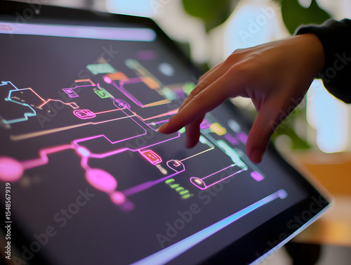 Programmer Interacting with Flowchart on Digital Screen