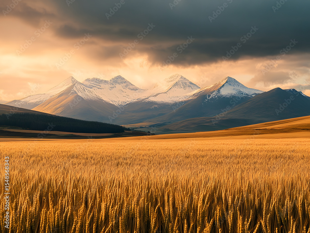 Obraz premium Wheat Field with Snowy Mountains in the Background