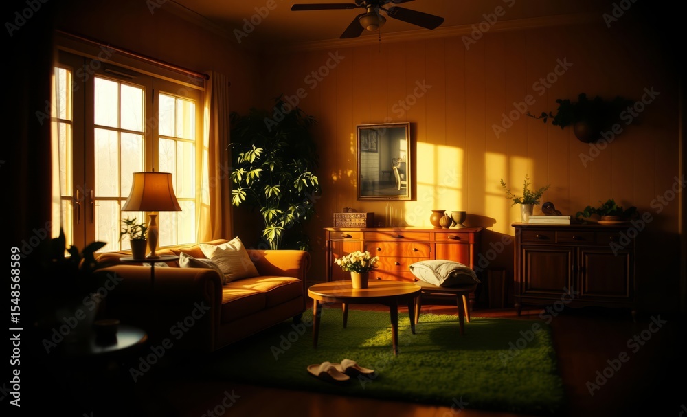Fototapeta premium A warm and inviting living room bathed in soft amber light features a cozy composition of vintage elements: a mock-up poster frame a plush brown sofa a wooden sideboard a coffee table slippers lush gr