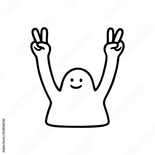 Cute abstract figure raising both arms with peace signs, expressing happiness, celebration, and positive vibes in minimalist black line style.

