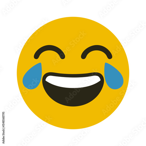 Funny yellow emoji face laughing with tears, expressing joy and humor, in a clean and simple vector style on white.

