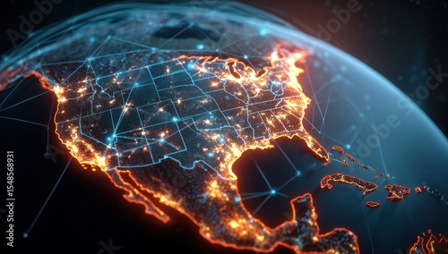 A digital map of the United States with glowing connections between cities, representing global connectivity and technology use in American government, is depicted on an Earth globe Generative AI