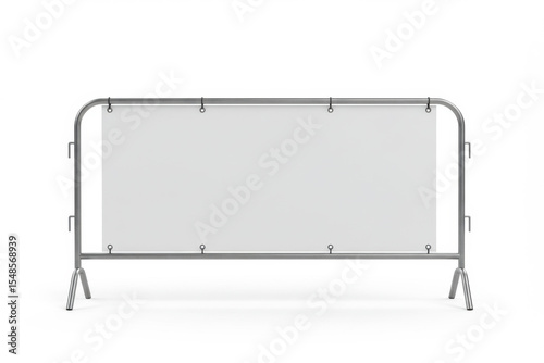 a metal crowd control barrier with a blank white vinyl banner attached to it, 3D Illustration