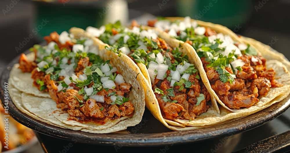 Close-up of three delicious tacos filled with seasoned meat, onions, and cilantro.