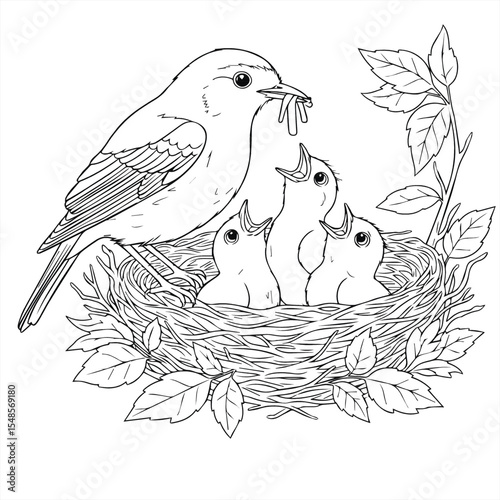 Drawing 2d exercise painting mother-of-baby-eating pictures in a vector nest