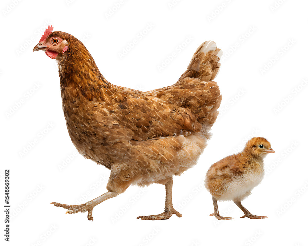 Fototapeta premium Brown hen walking with fluffy chick isolated on transparent background