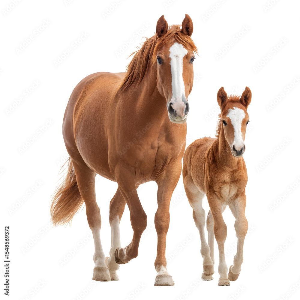 Obraz premium Brown horse and foal walking side by side isolated on transparent background