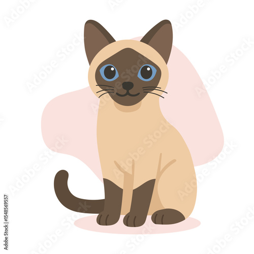 Siamese cat with blue eyes and dark points sits watching calmly. This siamese cat vector reflects elegance and intelligence of siamese cat breed.