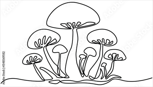 Continuous one single minimal line drawing mushroom. Single-line art of a mushroom, simple, clean, and tasty. An edible autumn veggie, perfect from nature’s harvest.