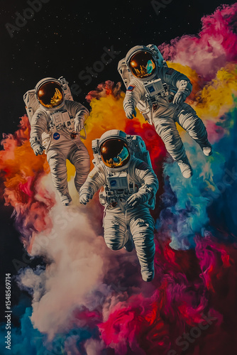 Three astronauts floating weightlessly in space, covered in vibrant, colorful smoke and celestial mist, against a deep black cosmic backdrop,