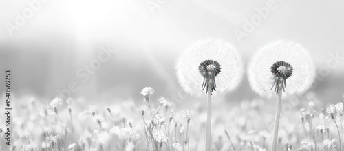 Two dandelion seed heads in a field of wildflowers, monochrome.