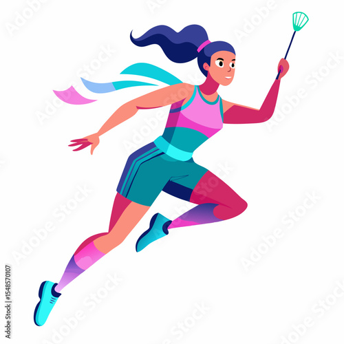 Female Athlete in Action with Colorful Sport Outfit Running with a Net