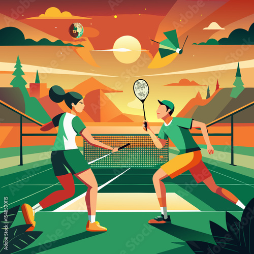Two badminton players compete on a court at sunset