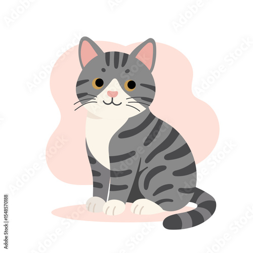 Cartoon american shorthair cat sits quietly with calm pose and striped fur. American shorthair cat personality is friendly, making this perfect for pet branding.