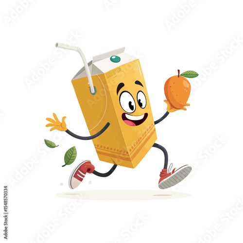 Juice carton character: A lively, anthropomorphic juice carton, brimming with infectious energy, gleefully sprints with an inviting mango, signifying fresh flavors and the vitality of the drink.