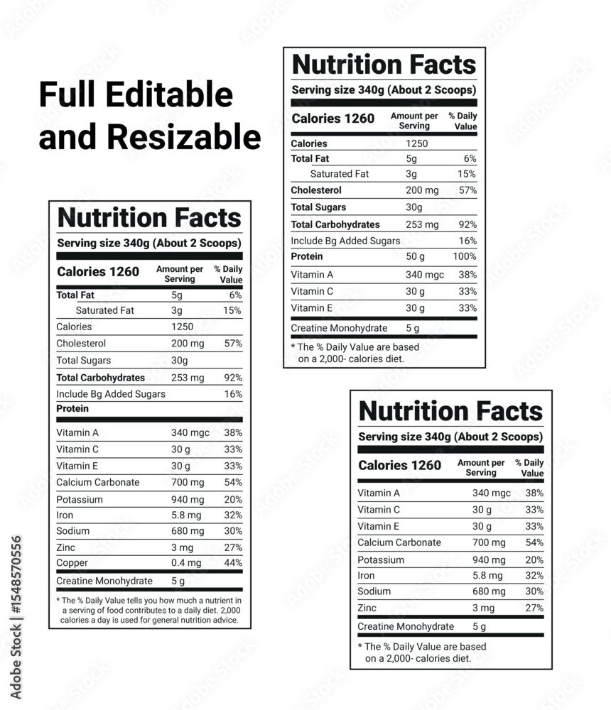 Obraz premium Editable and Resizable Nutrition Facts Label Templates Dietary Information Design