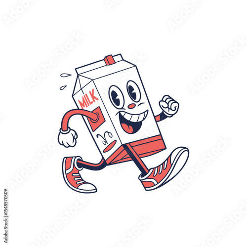 Milk carton character in active mode: An animated milk carton with expressive face, smiles runs swiftly with energy and delight. An imaginative representation of a simple dairy product