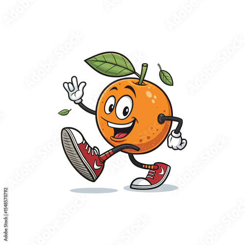 Energetic Orange Cartoon: A lively cartoon depicts an orange fruit character, brimming with joy and motion, as it strolls with a carefree attitude.