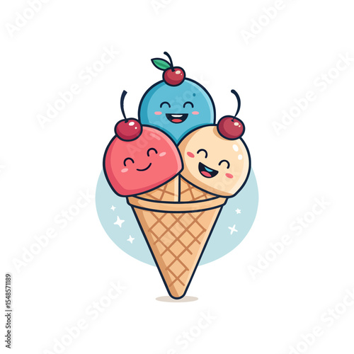 Sweet Trio Delight: This delightful illustration captures the joy of a triple-scoop ice cream cone topped with cherries and radiating happiness. 
