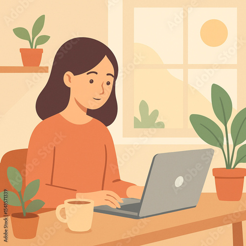 Flat vector illustration of a young woman working remotely from a cozy home office — sitting at a minimalist desk with laptop, coffee, indoor plants and warm morning sunlight through the window