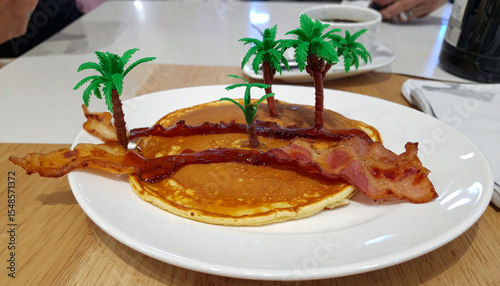  Maple syrup river flowing through pancake archipelago with bacon palm trees. Generated Image photo
