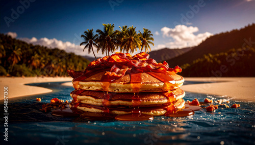  Maple syrup river flowing through pancake archipelago with bacon palm trees. Generated Image photo