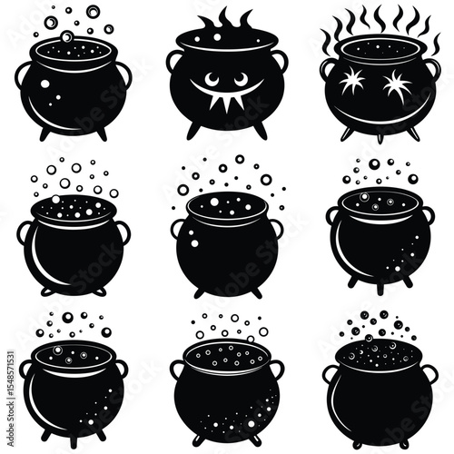 Nine black cauldron icons halloween witchcraft brewing