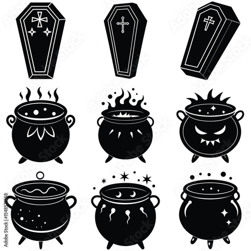 Halloween witchcraft icons coffins and cauldron silhouettes