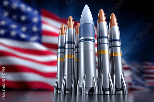 Missile Arsenal Against American Flag Backdrop Symbolizing National Defense And Military Might In A Patriotic Display Of Power