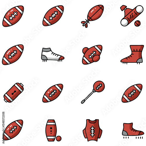 Lustige Cartoon-Symbole der American-Football-Ausrüstung wie Polster, Schuhe und der Ball selbst. Ideal als Designelement für alle sportbezogenen Materialien
